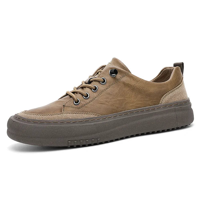 Men's round toe board shoes in black or khaki with lace-up design and rubber sole