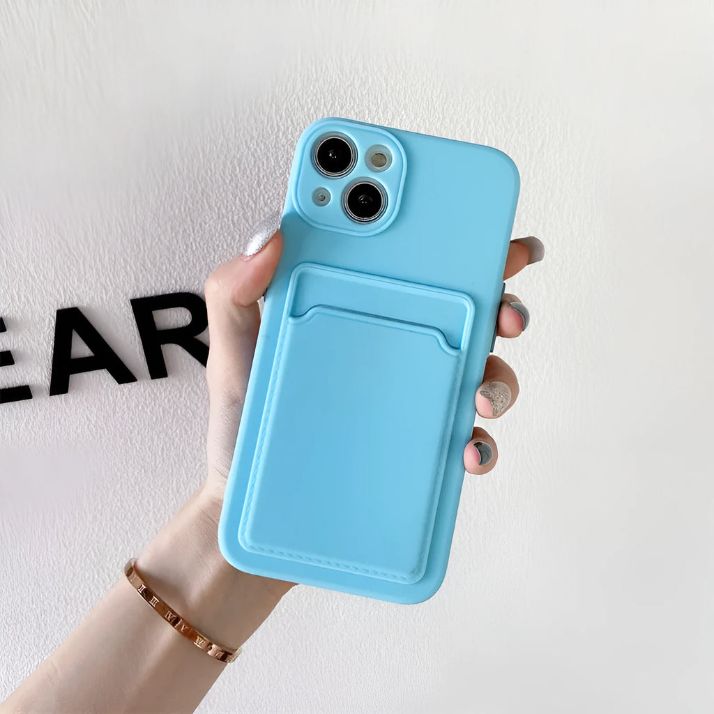 Sky blue colour-blocking silicone iPhone case with a visible card slot on the back