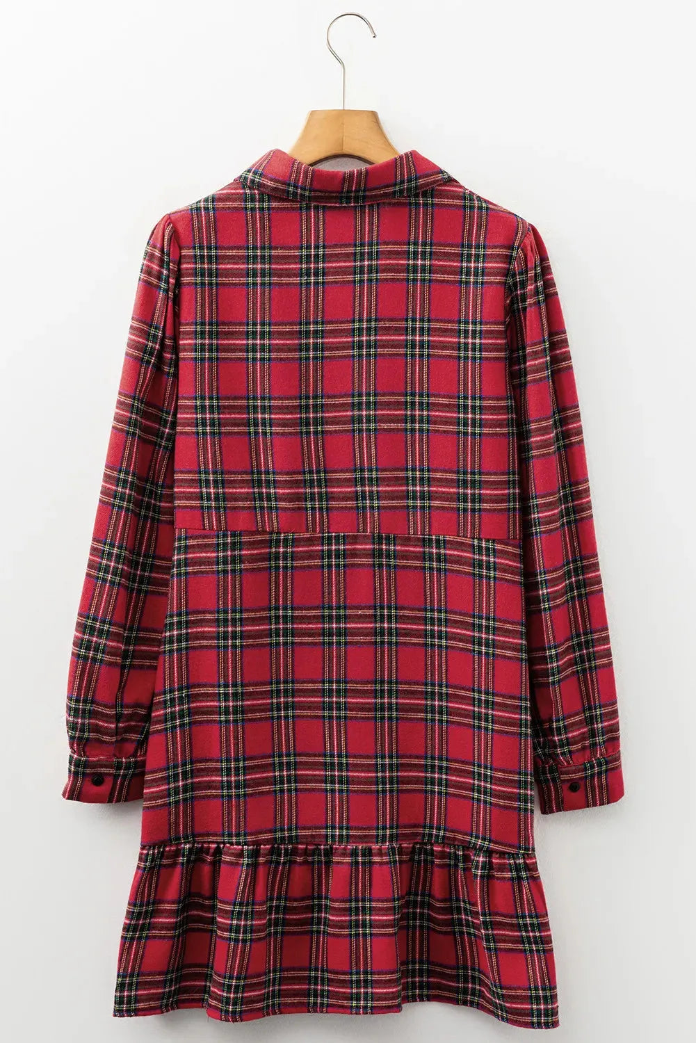 Red plaid mini dress with shirt collar, long sleeves, half-button front, and ruffle hem
