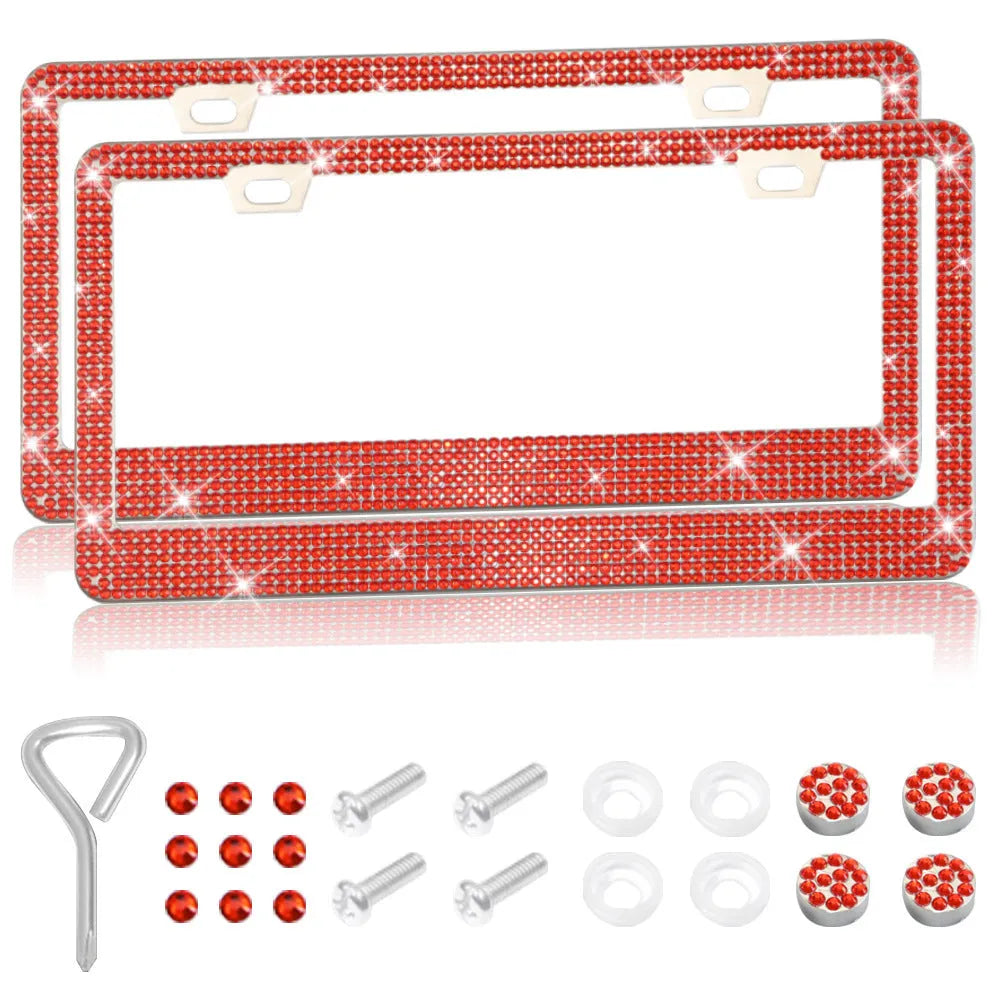 Stainless steel licence plate frame with stick-on acrylic diamond crystals in various colour patterns