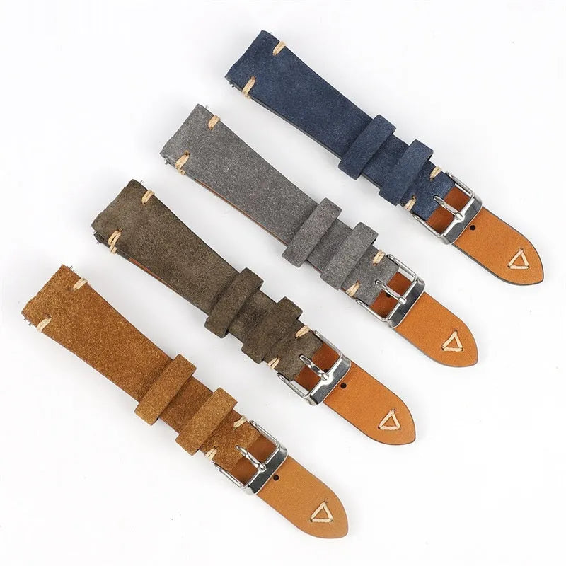 Genuine suede leather watch strap in Army Green colour, showing textured material and buckle.