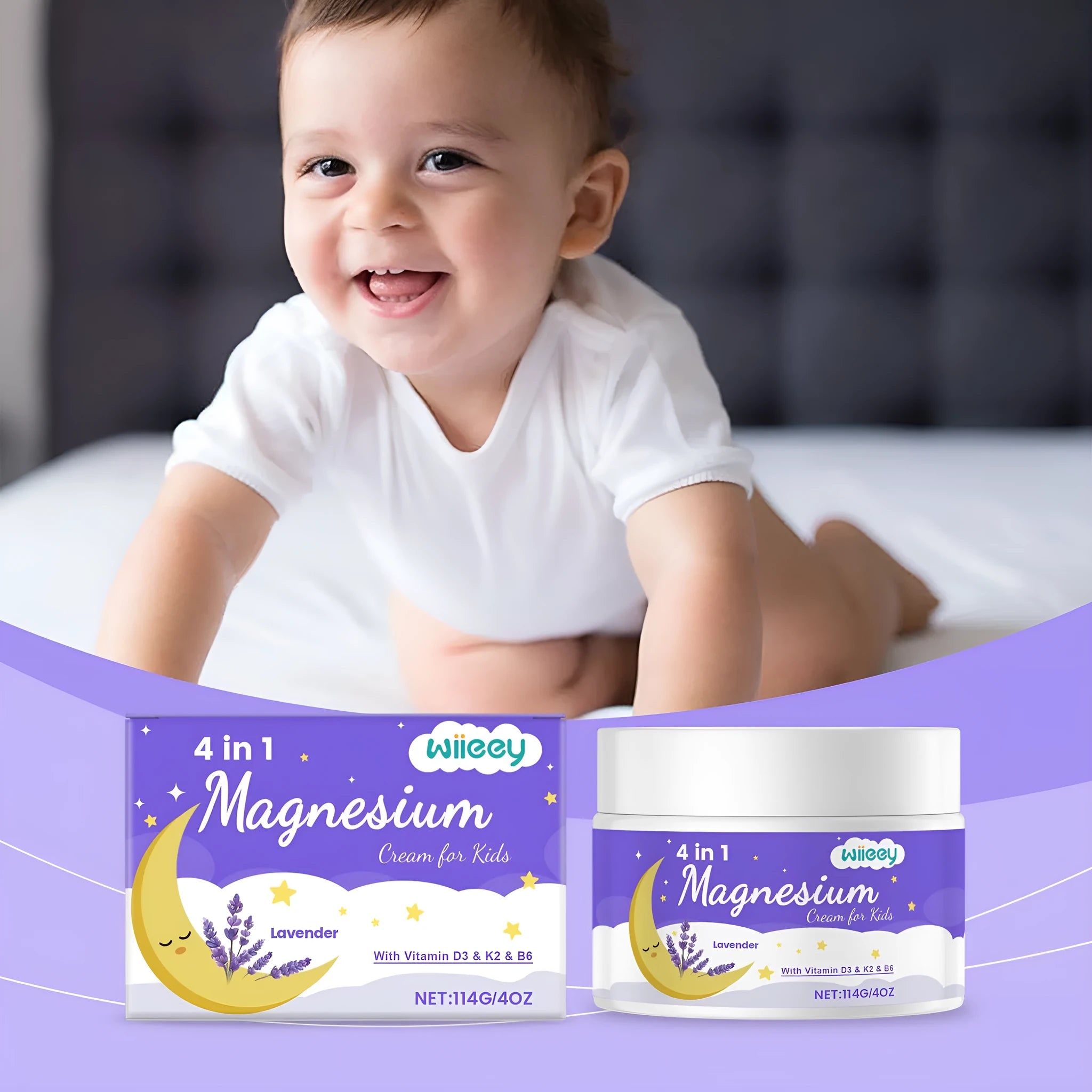 Jar of kids magnesium cream with vitamins and lavender oil, net content 114g