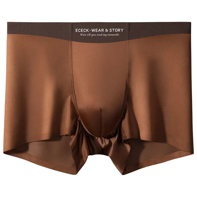 Men's ice silk colourblock seamless boxers in veil white, dream glass brown, silver bamboo grey, and moonlight blue