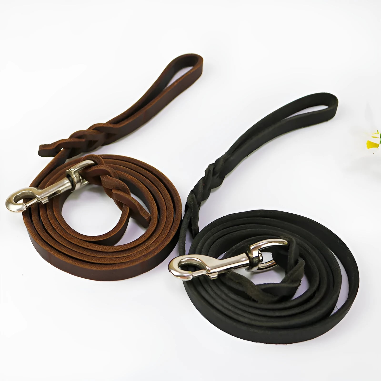 Genuine cowhide leather dog walking rope for large breed dogs, shown in light brown colour.