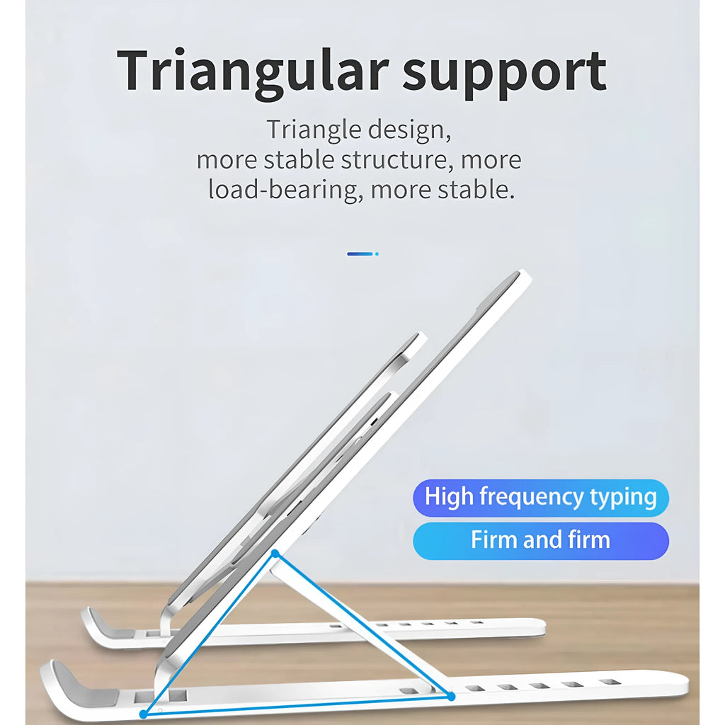 Black ABS adjustable laptop stand with 6 height gears folded flat on a white background