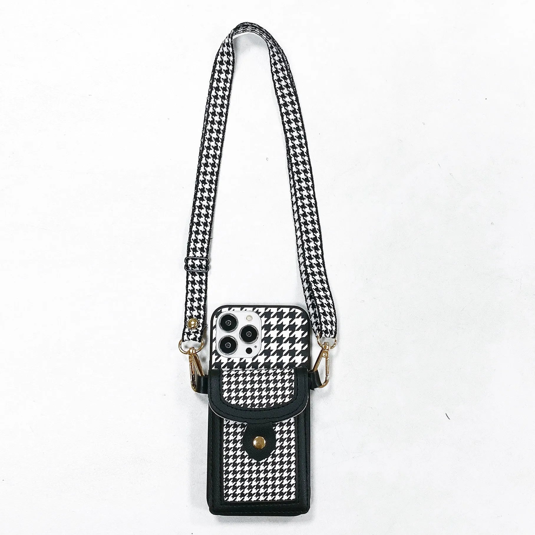 Houndstooth pattern TPU PC phone case with card lanyard for iPhone models