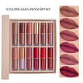 12-piece matte shimmer lip glaze set with non-transfer fade-resistant colours in neutral skin tone shades