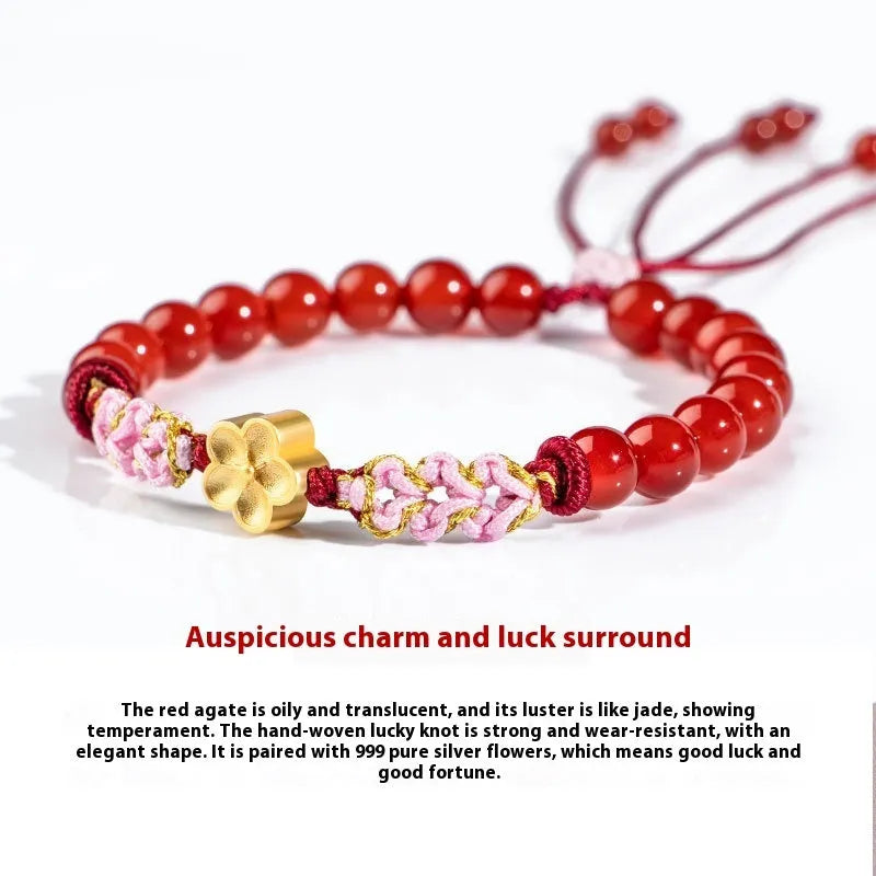Hand-woven red rope bracelet with diamond-shaped crystal or agate peach blossom charm