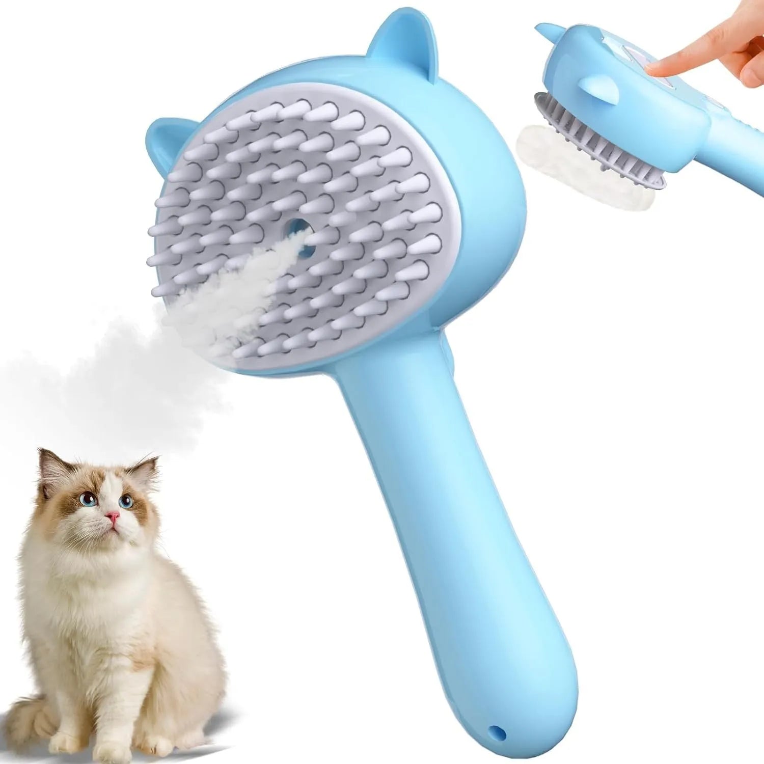 Cat ear-shaped steam grooming brush with blue handle and rubber bristles for pet hair removal