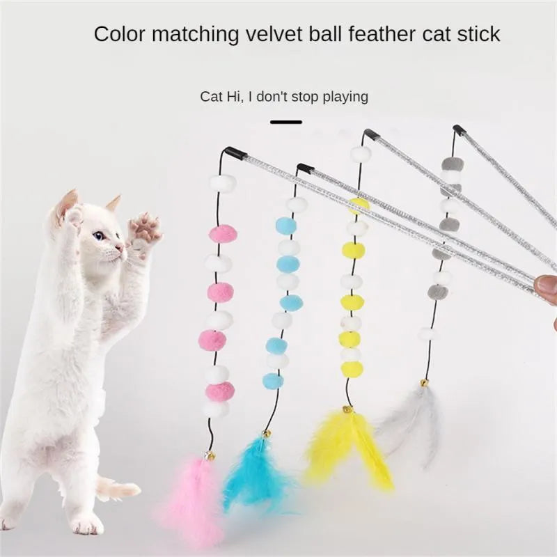 A blue acrylic cat teaser wand with pompon feathers and a bell, shown next to a grey and yellow version.