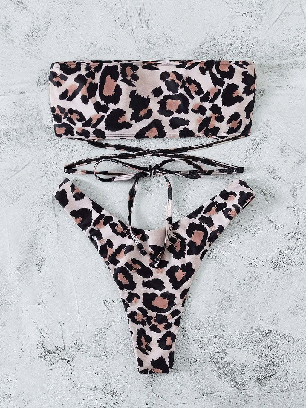 Leopard print bandeau split bikini swimsuit with chest pad, polyester fabric, three sizes available