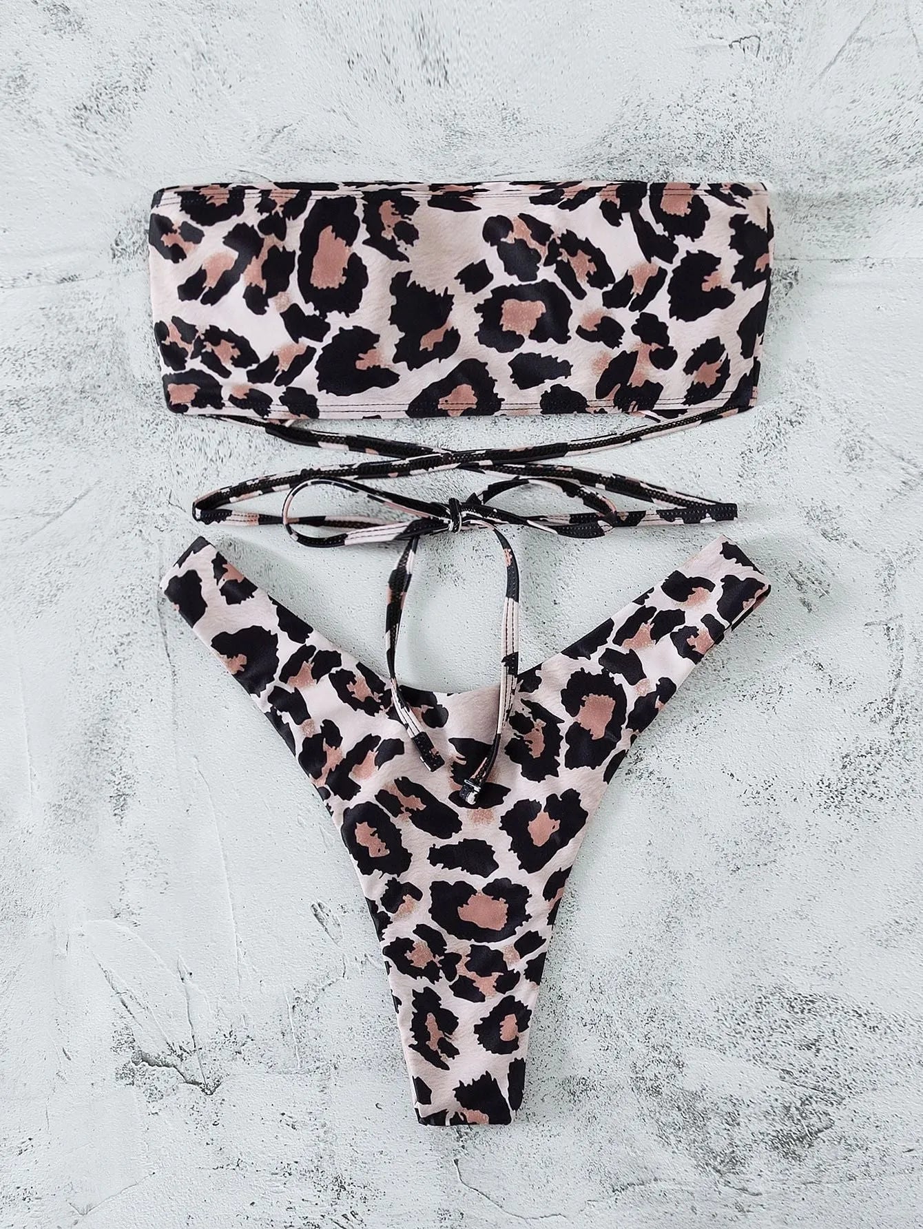 Leopard print bandeau split bikini swimsuit with chest pad, polyester fabric, three sizes available