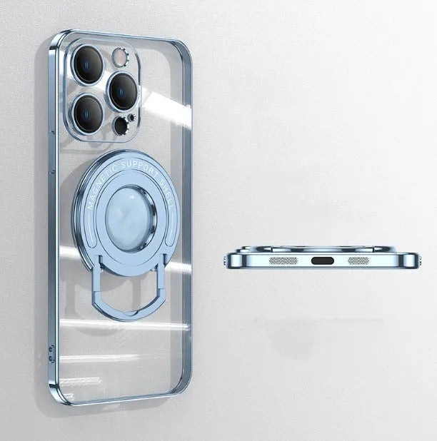 Transparent magnetic iPhone case with integrated pull rod bracket extended, showing dark purple colour and electroplated finish