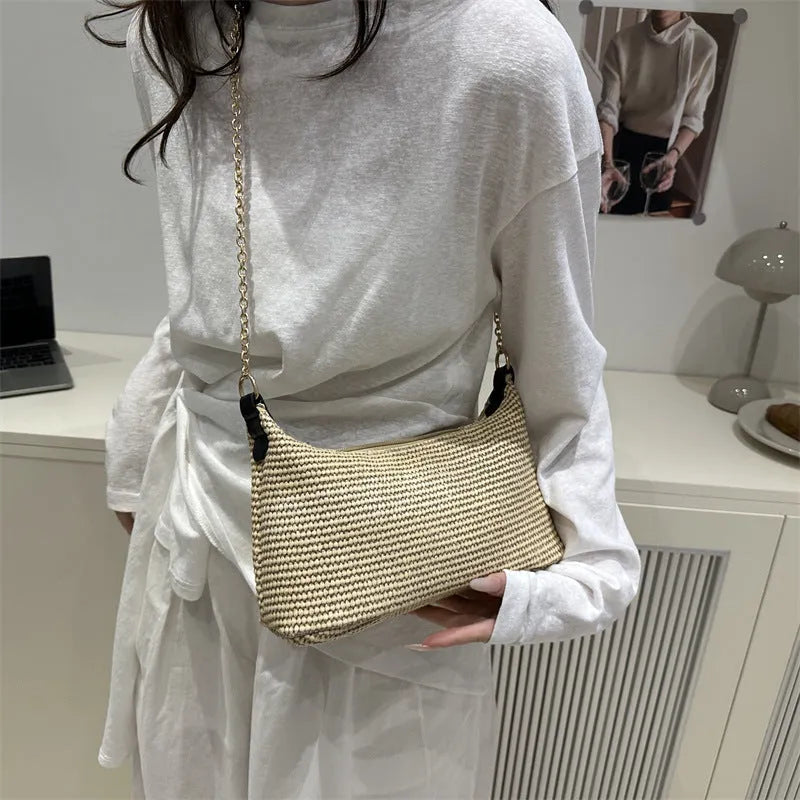 Straw woven square beach tote bag with sandwich pockets and shoulder strap in khaki colour