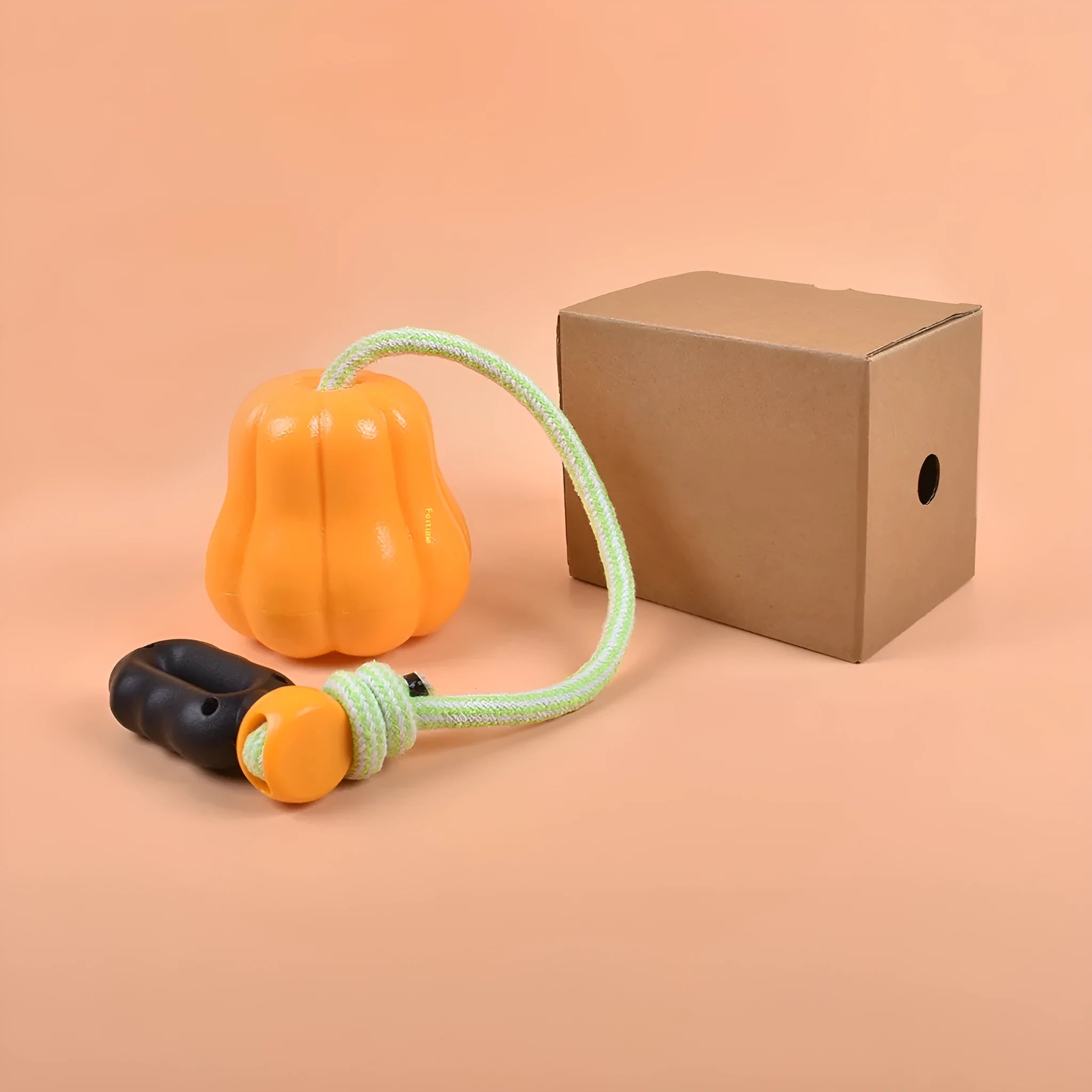 Orange pumpkin-shaped plastic dog chew toy with a blue rope attached for throwing and tugging.