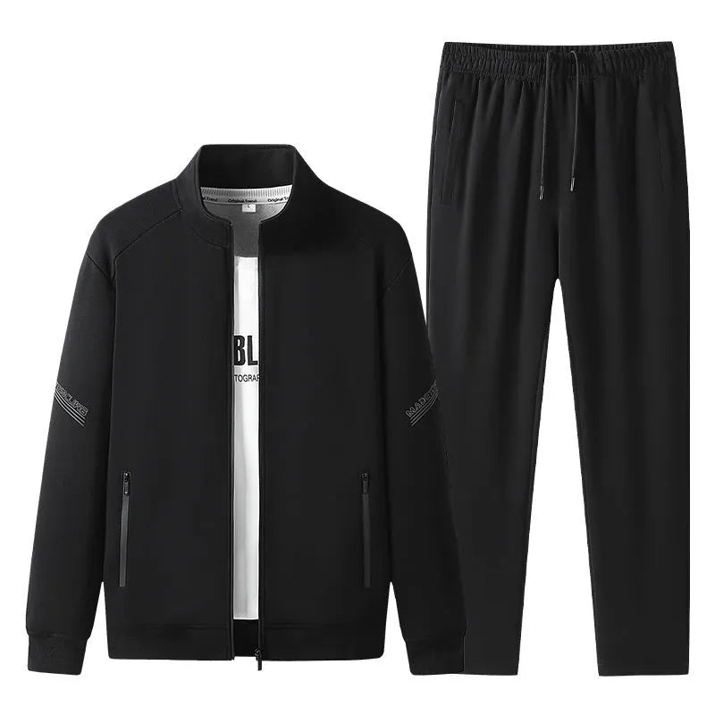 Men's plus-size knitted cotton sports leisure suit with jacket and trousers in black dark blue gray for outdoor spring autumn