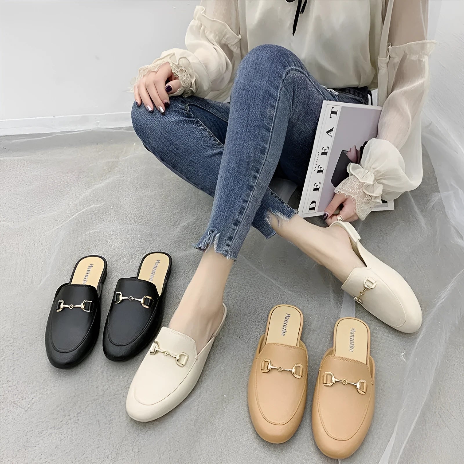 Women's closed toe half slippers in PVC with round toe and buckle fastening in multiple colour options