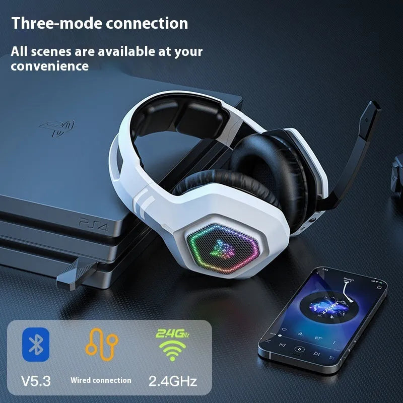 Black wireless gaming headset with RGB lighting on ear cups