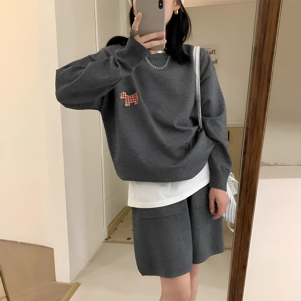 Women's casual sports knitted sweater shorts suit with animal pattern embroidery in Japanese Korean style