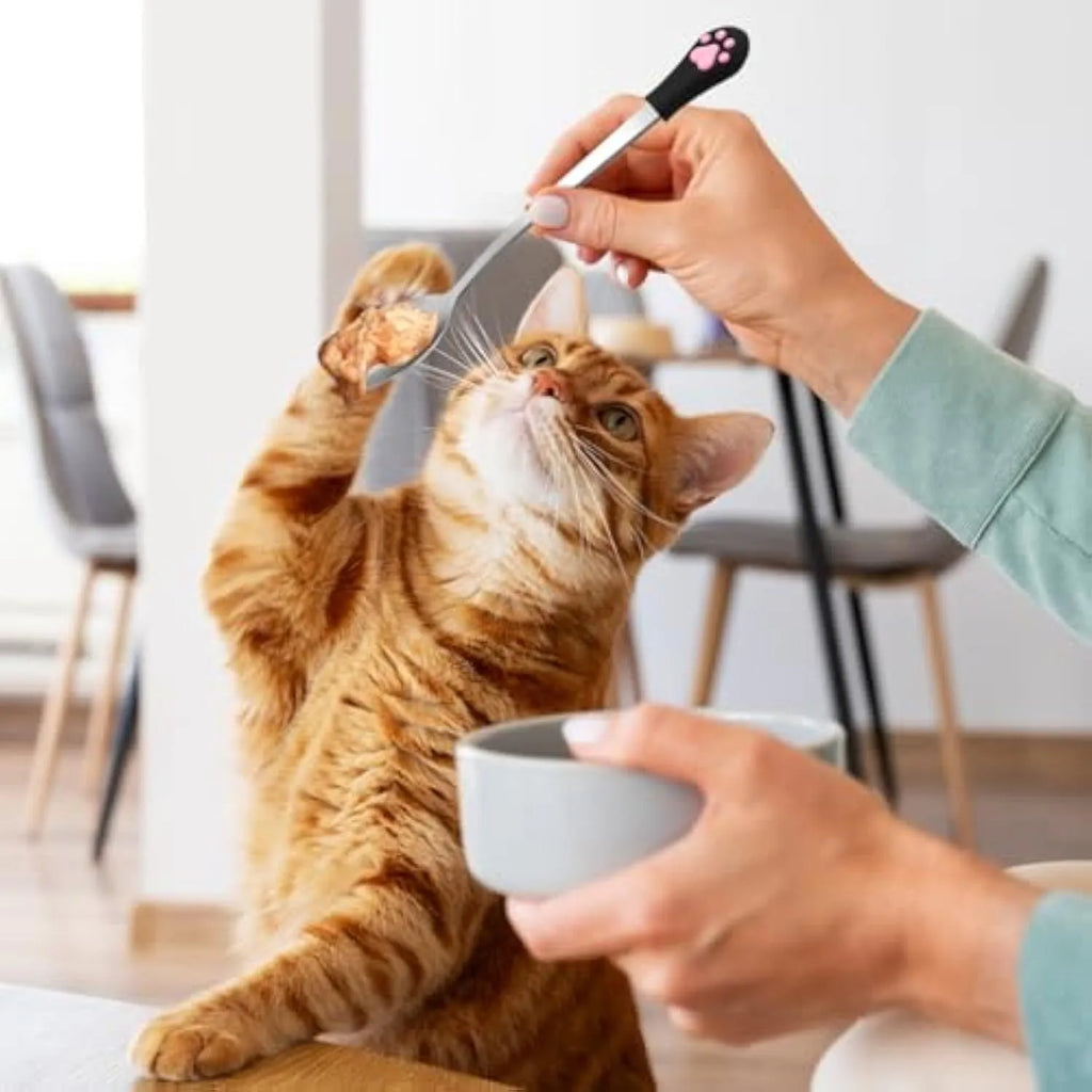 Two pet food spoons with cat paw design in white and black colours