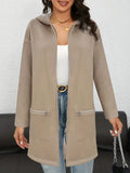 Loose grey mid-length cardigan coat for women with pockets, shown on a hanger.