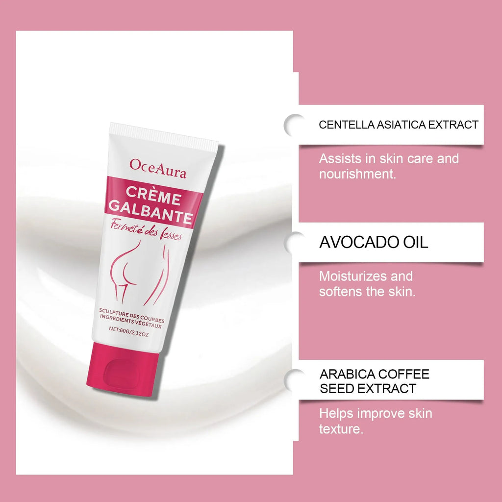 60g hip tightening cream container with botanical extracts including centella and coffee seed
