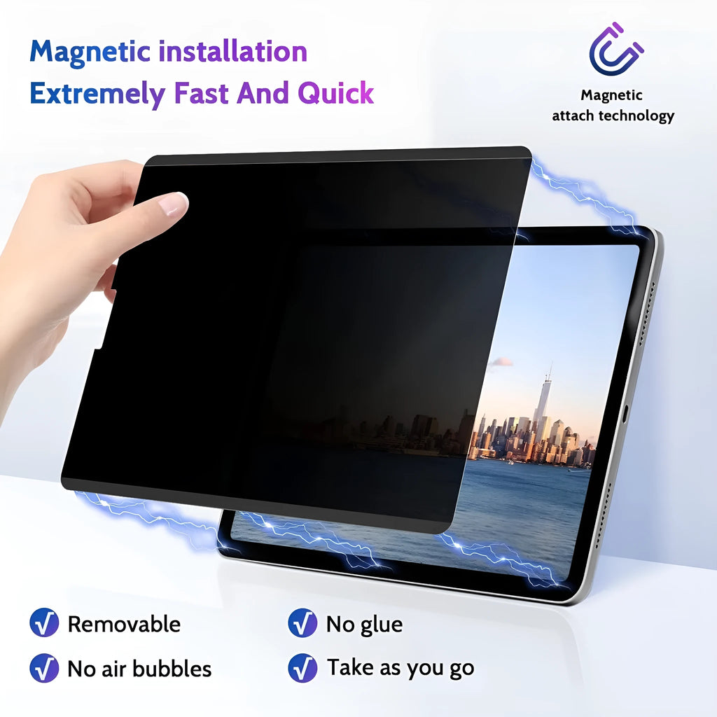 Magnetic anti peeping film for iPad with paper-like texture and a 360-degree storage clip on colour card packaging.