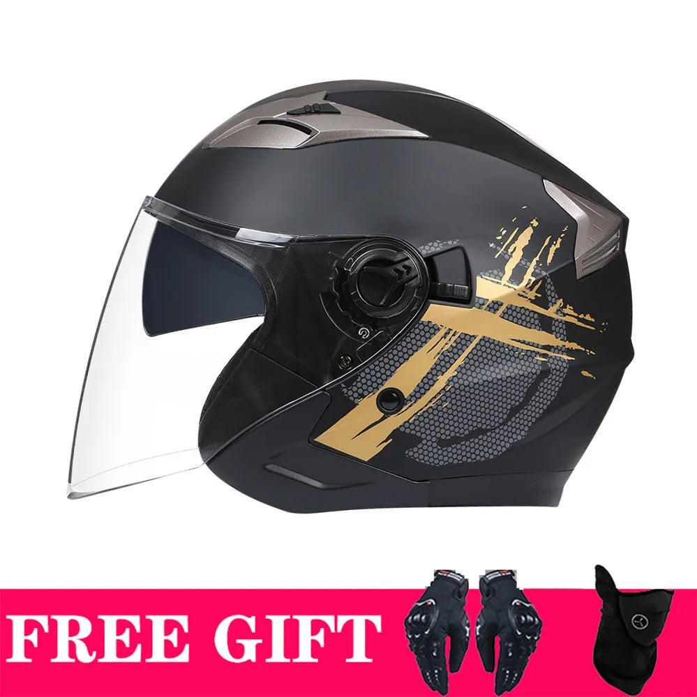 Double lens retro motorcycle helmet in matte black with ABS shell for electric motorcycle use