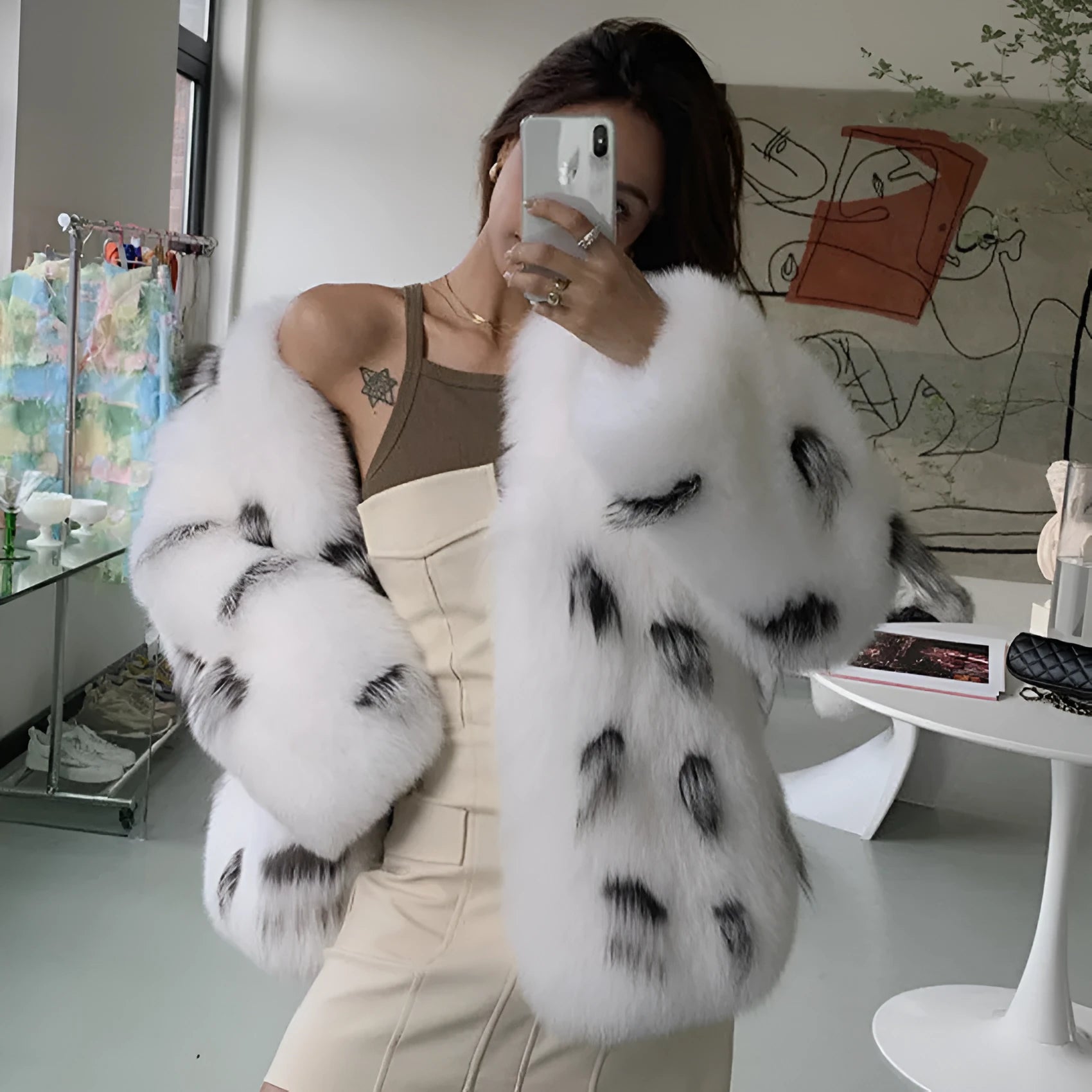 Black and white artificial raccoon fur coat for women, plus size, Korean street fashion style.