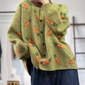 Loose round neck cardigan with Mori artistic printing in colour contrast on viscose fabric.
