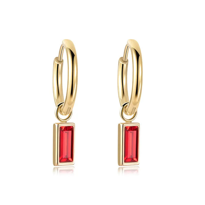 Emerald square zircon earrings on titanium steel with O-shaped chain, geometric simple style