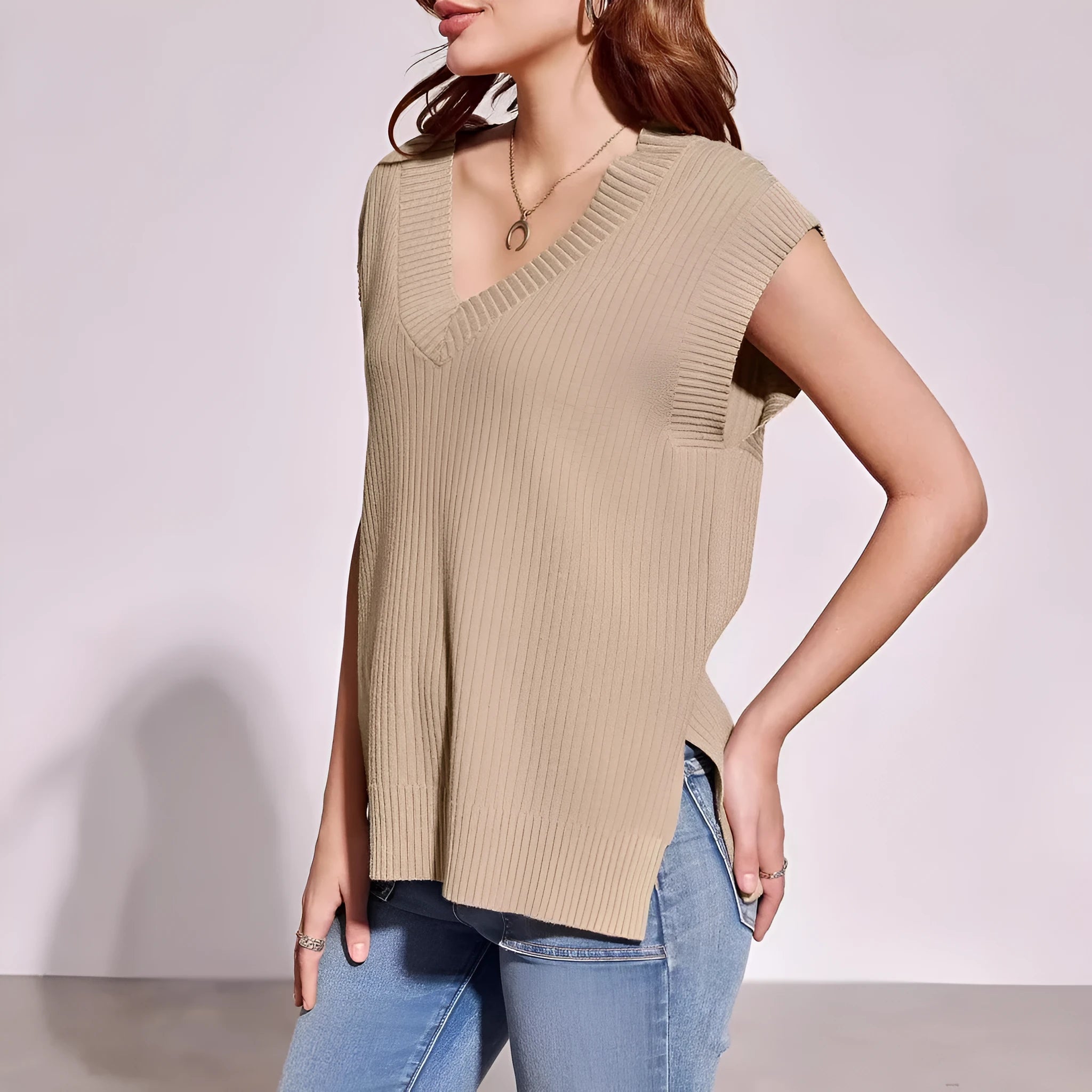 Women's v-neck sleeveless loose vest in camel colour with folding design details