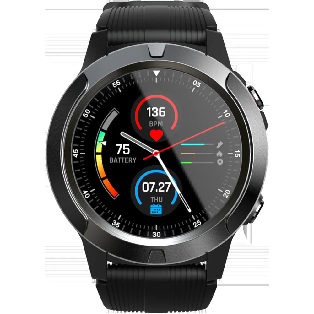 Black men's smart watch with Bluetooth calling and GPS exercise modes on a wrist