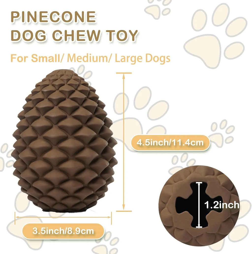 Yellow pine cone shaped natural rubber dog toy with treat dispenser for large dogs.