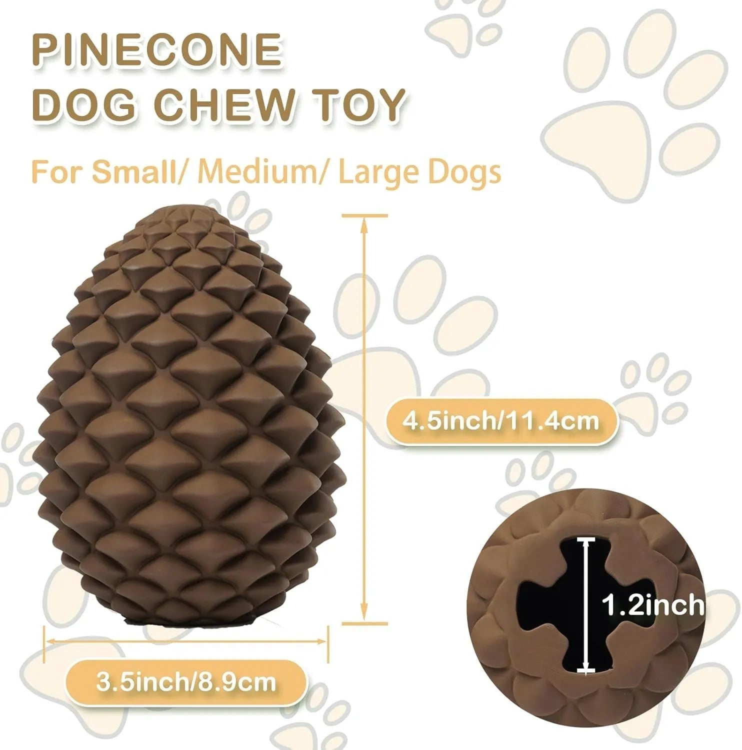 Yellow pine cone shaped natural rubber dog toy with treat dispenser for large dogs.