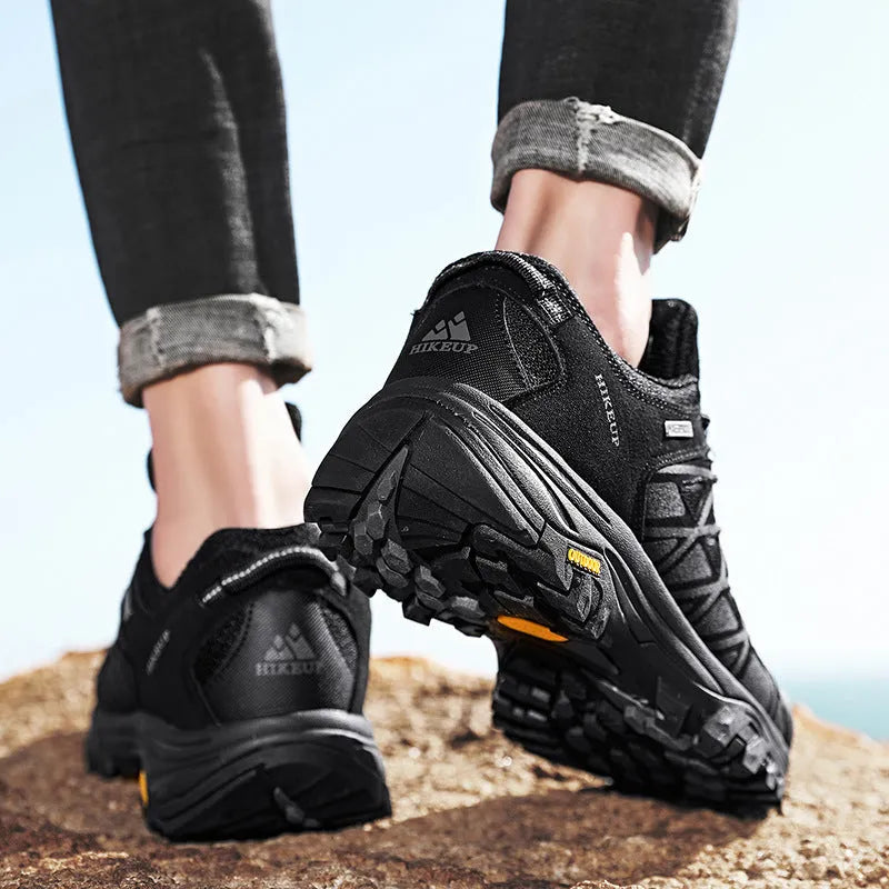 Men's synthetic leather climbing shoes in khaki, grey, and black colours with shallow mouth design