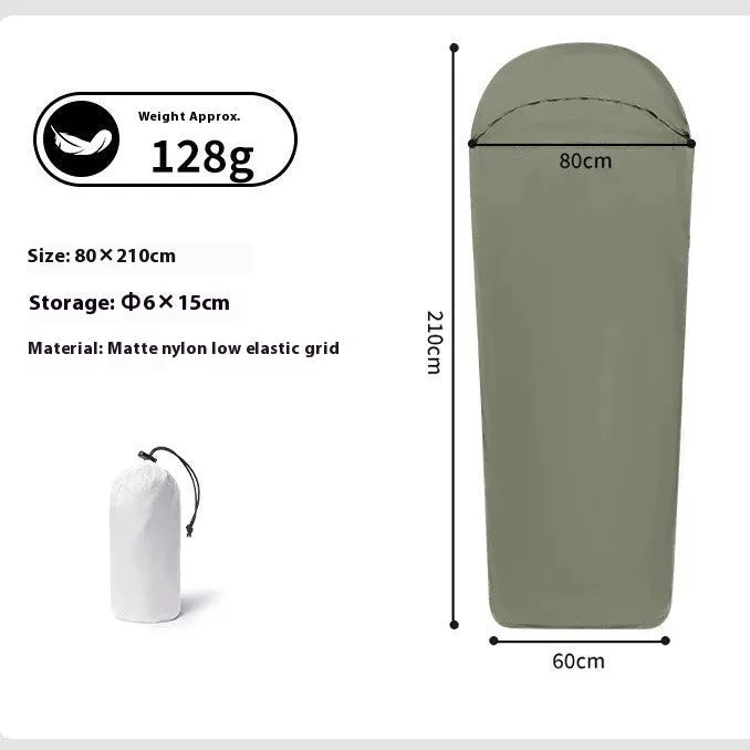 Blue or green lightweight nylon mummy-style camping sleeping bag for adults.