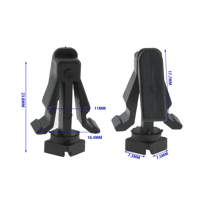 Black plastic Nissan bumper cover radiator grille fastening clip, part number 76882-0M060.