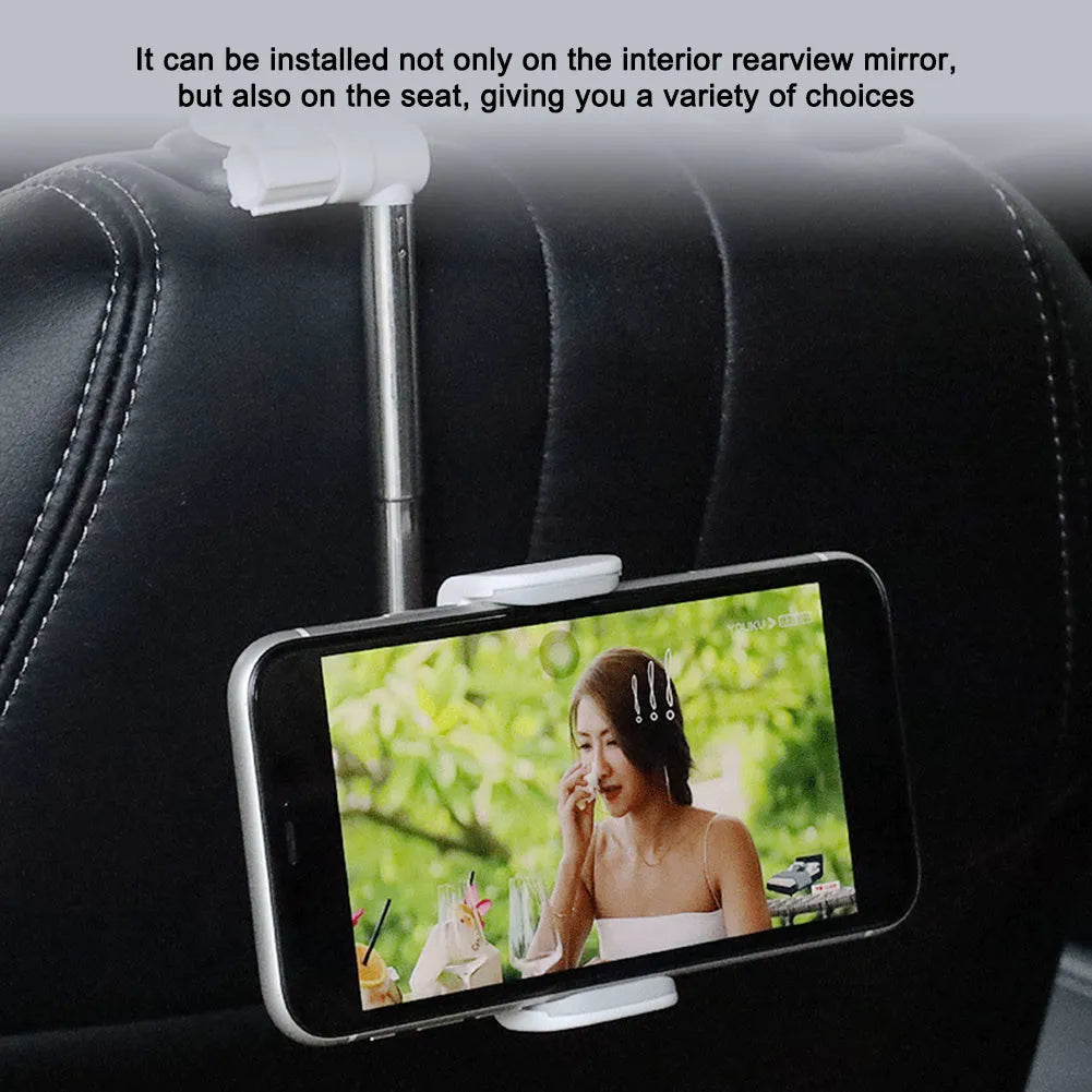 Black ABS car rearview mirror phone holder with 360-degree rotation mounted on a car mirror