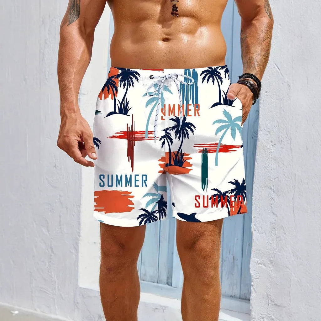 Man's 3D printed quick-dry swimming trunks in a summer design colour, showing micro-elastic polyester fabric.