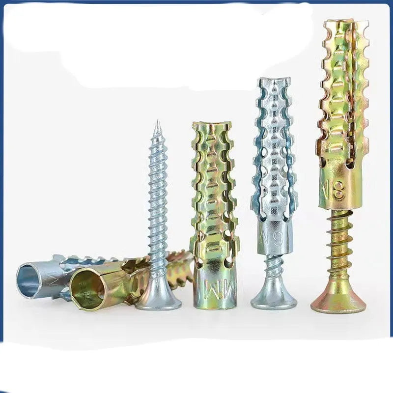 Close-up of metal expansion screw showing barbed serrations and iron construction.
