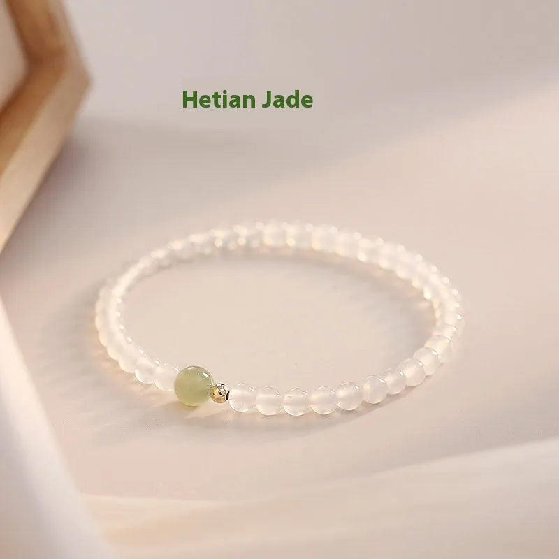 Natural Hetian jade and white agate women's bracelet with 15cm length in New Chinese style.