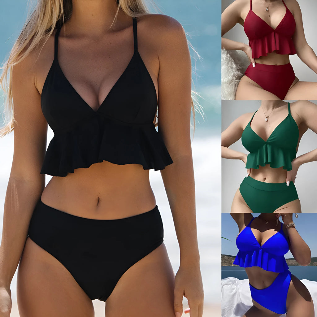 Women's solid colour split bikini swimsuit set with spandex lining.