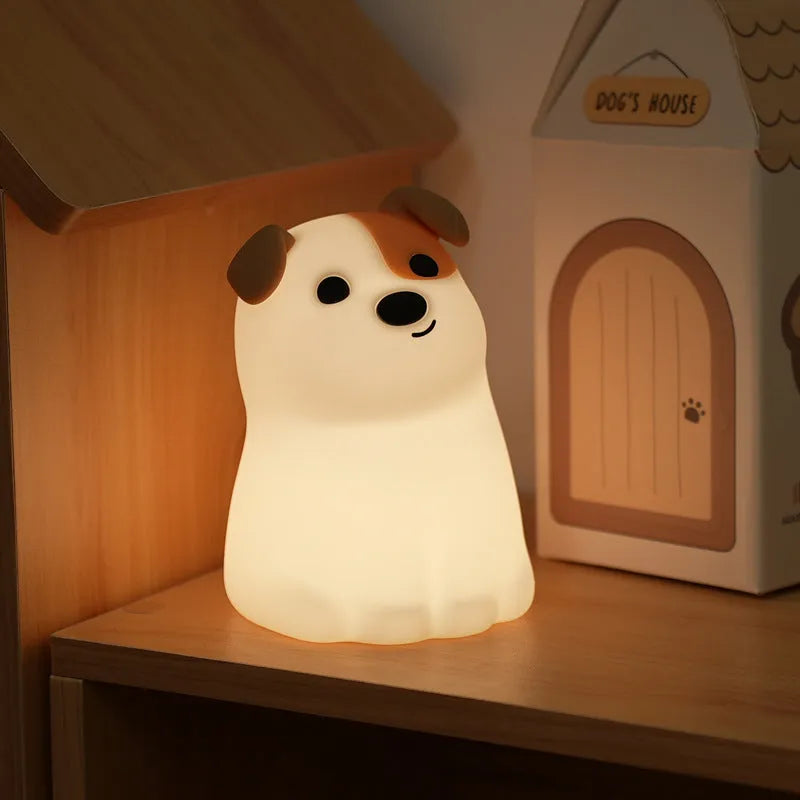 Fashion silicone puppy dog pat night light with built-in battery and Type-C charging on a table