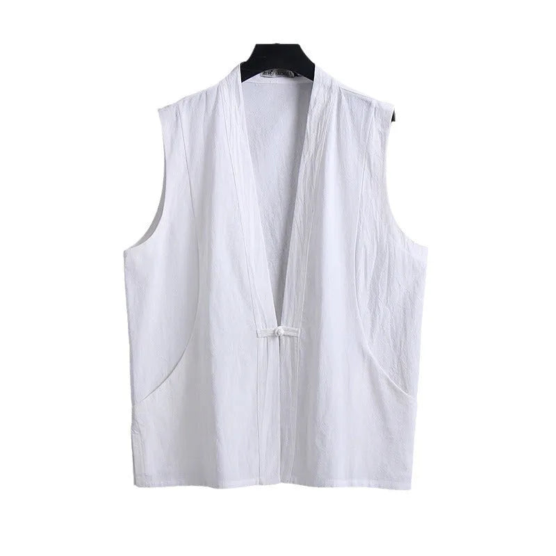 Men's loose-fit linen sleeveless vest in solid colour for summer.