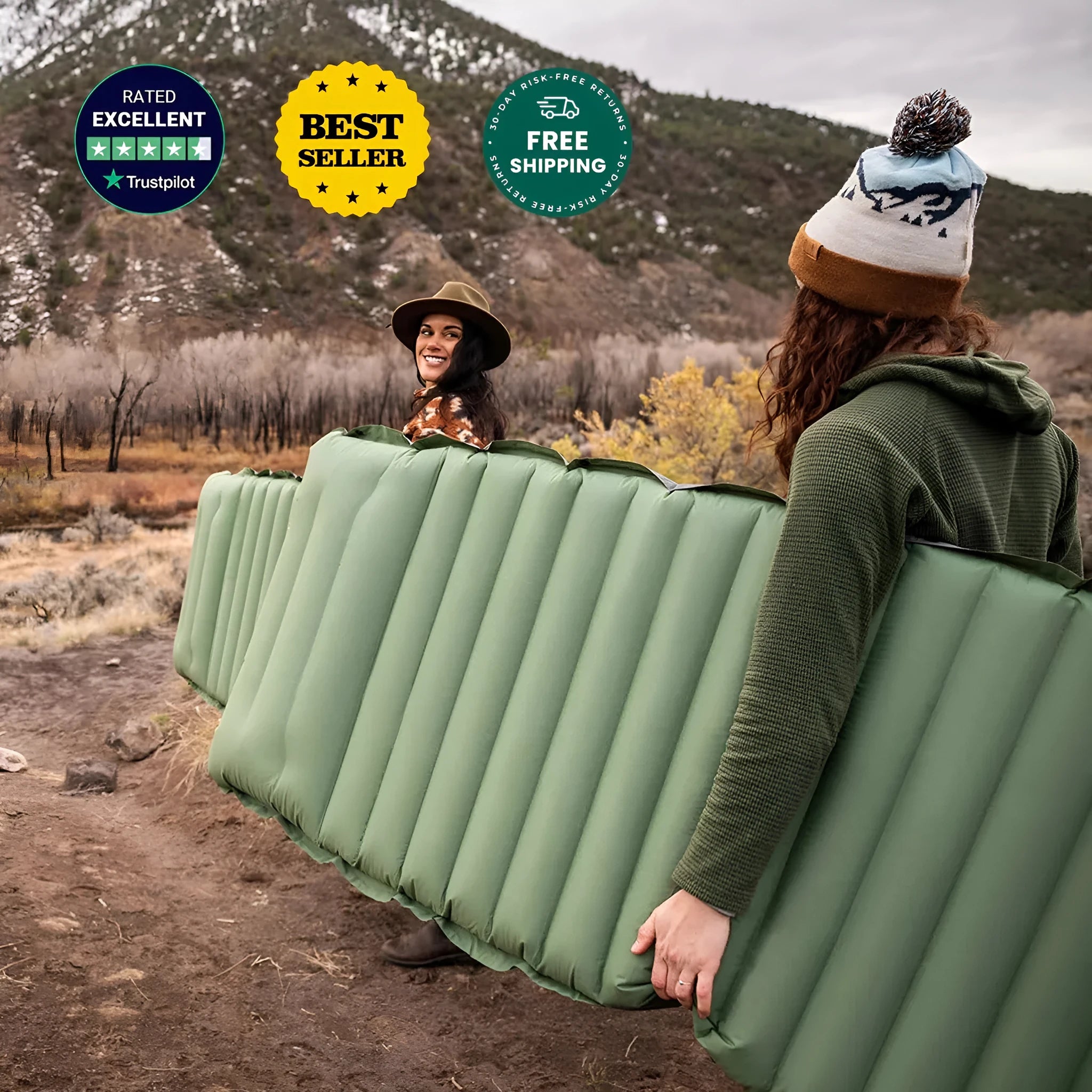 Single inflatable camping mattress in grey or black colour showing 195cm length and 10cm thickness