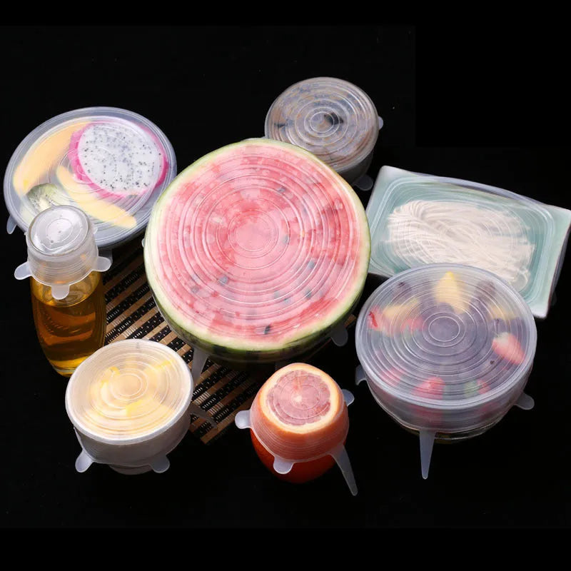 Six silicone stretch food cover lids in different sizes from 6.5cm to 20.5cm diameter