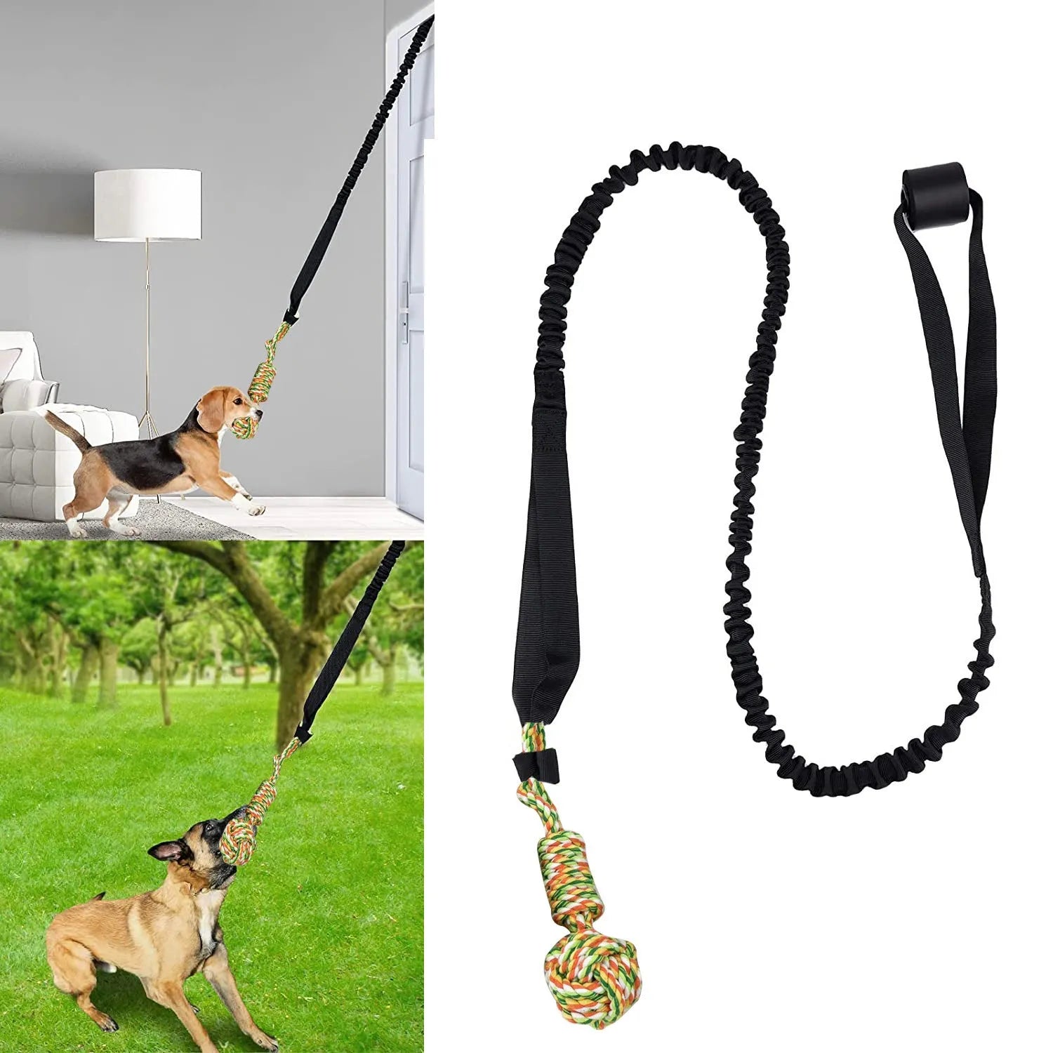 Long black cotton rope dog tug toy for chewing and interactive play.