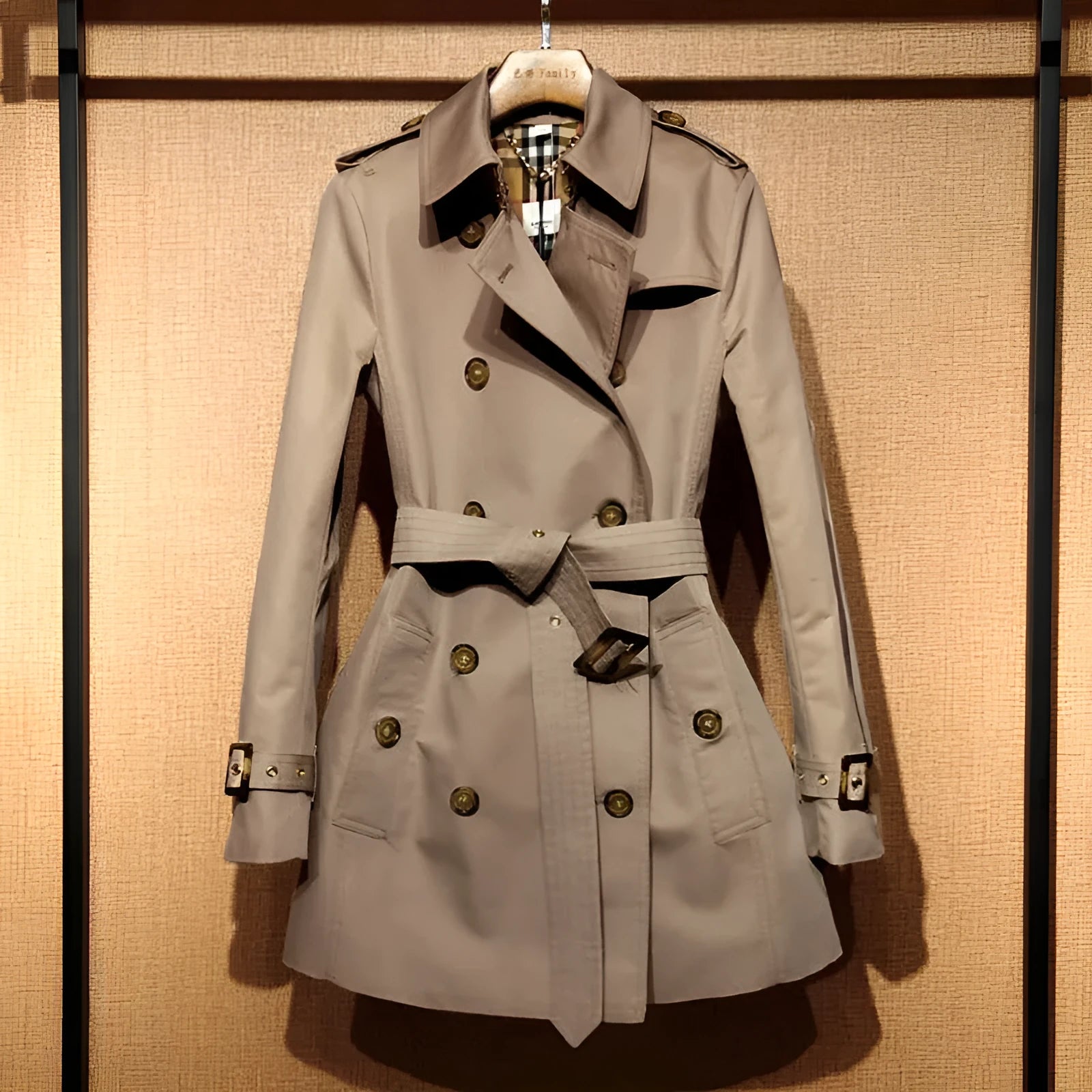 Women's khaki trench coat with double-breasted front and flight sleeves on hanger