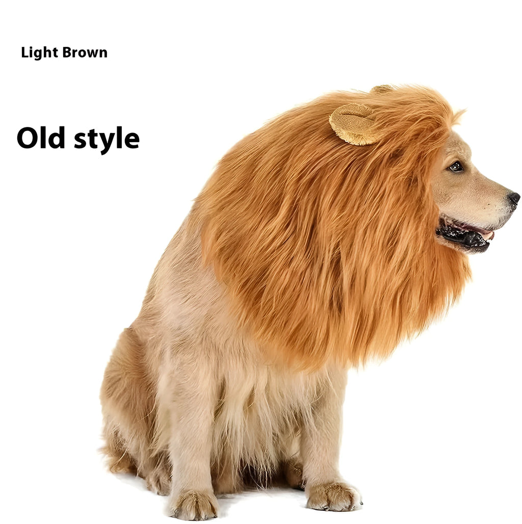 Dog wearing lion head costume wig in light brown colour with elastic neckband